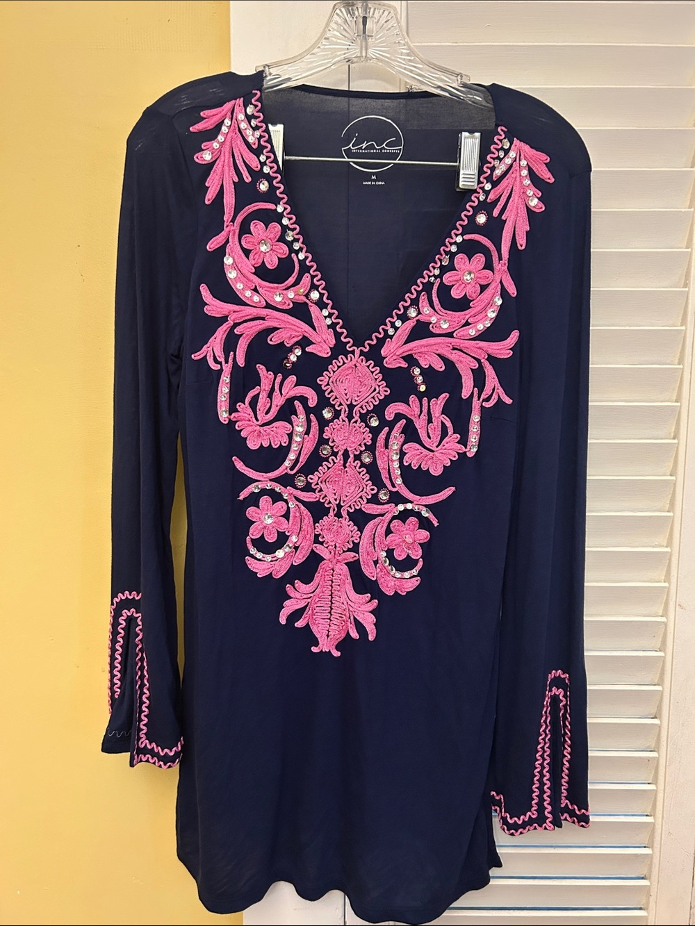INC International Concepts Navy Tunic with Bright Pink Embroidery